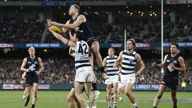 Harry McKay soars for a mark against the Cats. Picture: Darrian Traynor/Getty Images