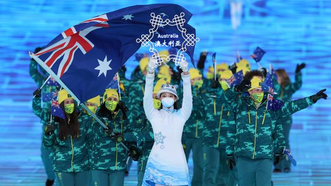 The Australian team marches into the Bird’s Nest stadium at the opening ceremony of the Beijing Winter Olympics on February 4. Picture: Getty Images