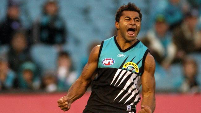 AFL football - Port Adelaide Power vs Carlton match at AAMI stadium. Footballer David Rodan celebrates a goal.