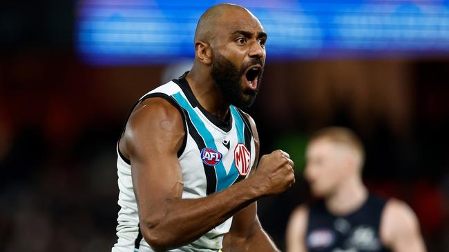 MELBOURNE, AUSTRALIA - JULY 26: Esava Ratugolea of the Power celebrates a goal during the 2024 AFL Round 20 match between the Carlton Blues and the Port Adelaide Power at Marvel Stadium on July 26, 2024 in Melbourne, Australia. (Photo by Michael Willson/AFL Photos via Getty Images)