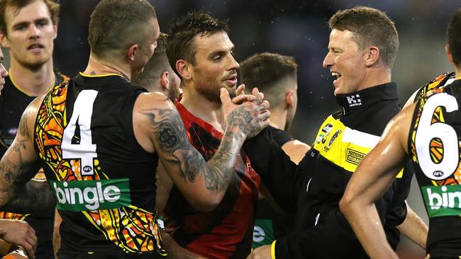 Dustin Martin and Damien Hardwick celebrates after a Richmond win. Picture: Wayne Ludbey