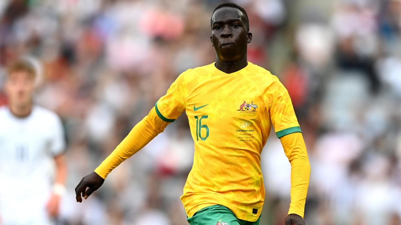 AUCKLAND, NEW ZEALAND – SEPTEMBER 25: Garang Kuol of the Socceroos makes a break during the International Friendly match between the New Zealand All Whites and Australia Socceroos at Eden Park on September 25, 2022 in Auckland, New Zealand. (Photo by Hannah Peters/Getty Images)
