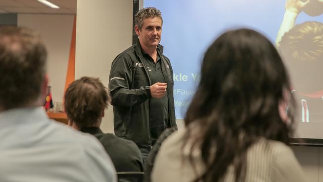 GWS Giants coach Leon Cameron leading a Tackle Your Feelings session.