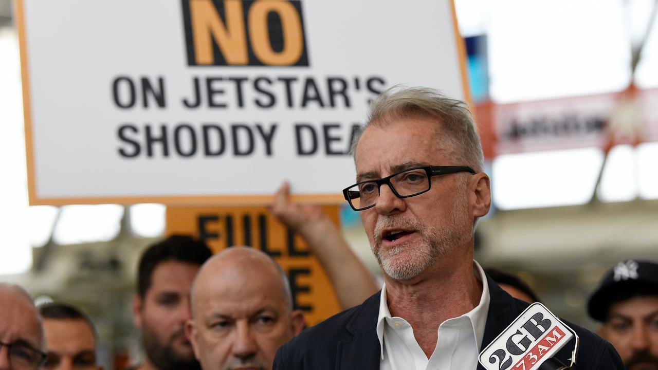 Senator Tony Sheldon speaks to the media as Jetstar workers go on strike at Sydney Airport Domestic Terminal. Picture: Bianca De Marchi/AAP