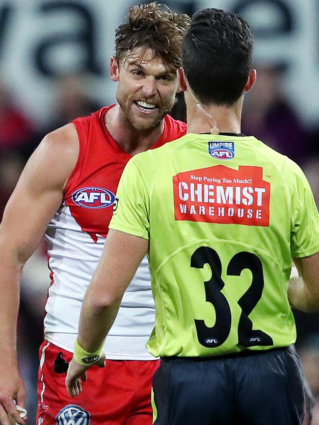 Dane Rampe argues with an umpire after giving away a free kick given against the Bombers. Pic: Phil Hillyard