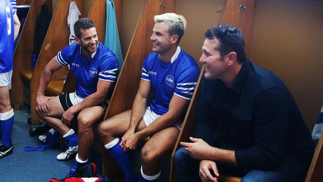 Dan Ewing, Beau Ryan and Jason Stevens on set for Chasing Comets at Henson Park in Marrickville. Picture: Mark Evans