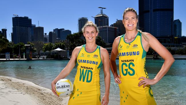 New Australian Diamonds co-vice captain Gabi Simpson, left, and captain Caitlin Bassett in Brisbane