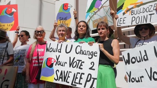 Save Lee Point demonstrators including Independent candidates for Johnston Justine Davis, Karama Justine Glover, Nightcliff Mililma May and Green candidate for Fannie Bay Suki Dorras-Walker outside the NT Parliament on Wednesday July 31. Picture: Zizi Averill