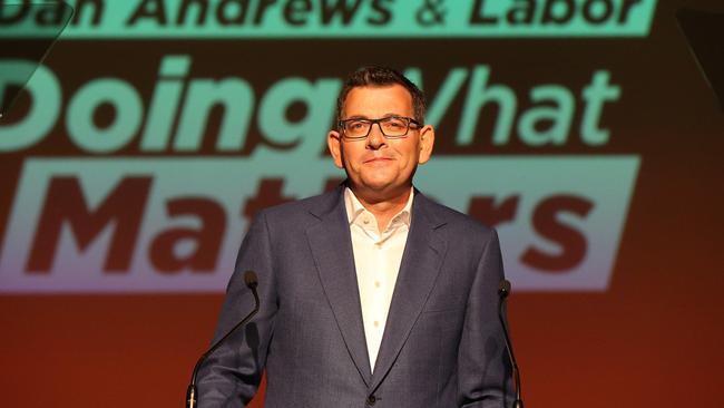 Premier Dan Andrews at the Labor campaign launch in the Cranbourne Community Theatre. Picture: Rebecca Michael