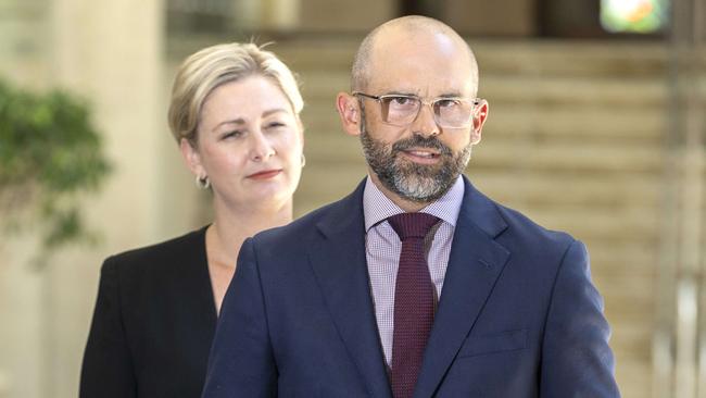 Treasurer David Janetzki with Child Safety Minister Amanda Camm at Parliament on Tuesday. Picture: Richard Walker