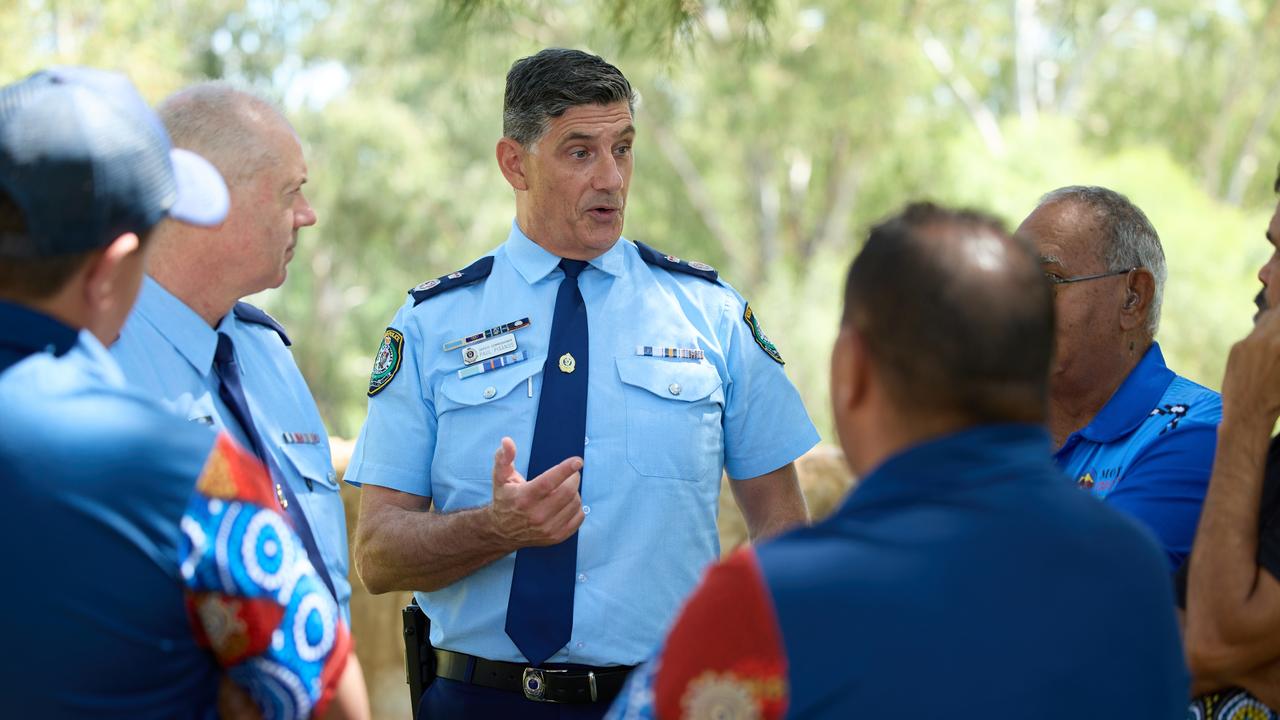 NSW Police Deputy Commissioner Paul Pisanos speaks with local Aboriginal community leaders and elders in Moree. Picture: David Swift