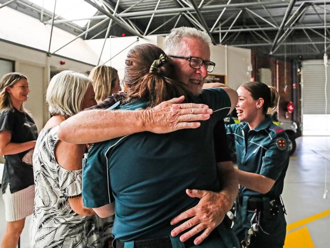 Warren Benson of Alexandra Hills meets with paramedics who saved his life after going into cardiac arrest. Picture: Zak Simmonds