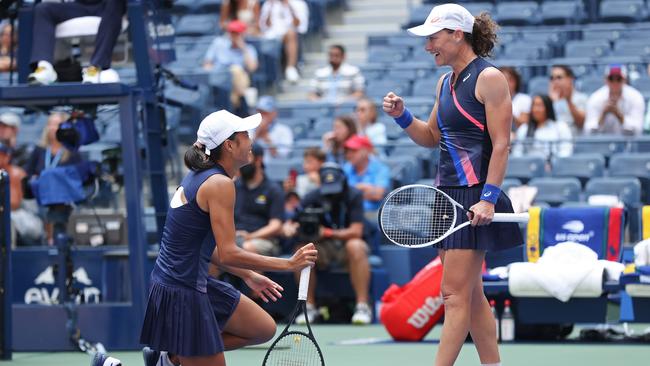 Samantha Stosur, right, and Shuai Zhang celebrate winning the women's doubles final. Picture: Getty Images