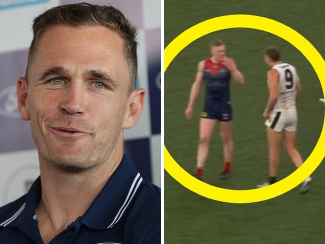 Former Geelong captain Joel Selwood (left) and Melbourne and Carlton players Clayton Oliver and Patrick Cripps