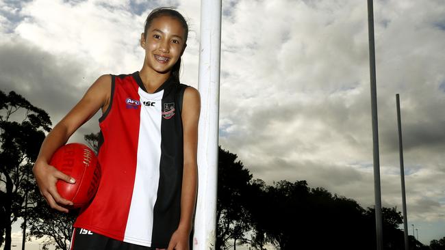 Sienna Reiners -12 plays with both the boys and girls at Maroubra Saints Australian Rules Football club, playing in both the mixed teams and above her age in the U14's. Picture: John Appleyard