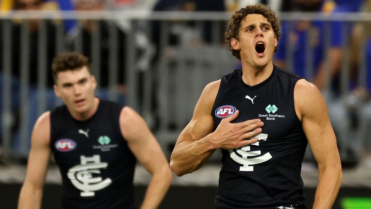 Charlie Curnow dismantled the Eagles in an emphatic Blues win. (Photo by Will Russell/AFL Photos via Getty Images)