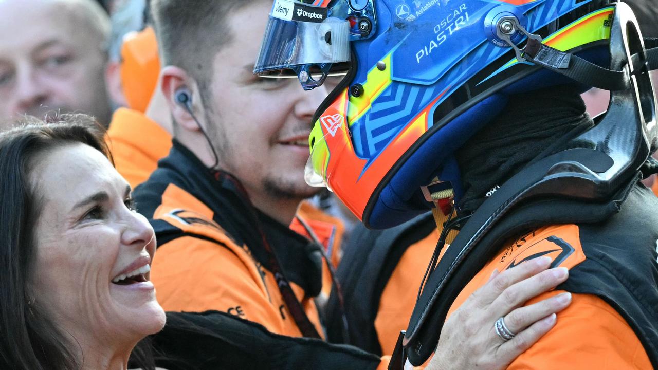 Piastri celebrates with his mother Nicole after winning his second Grand Prix. Picture: Andrej Isakovic/AFP