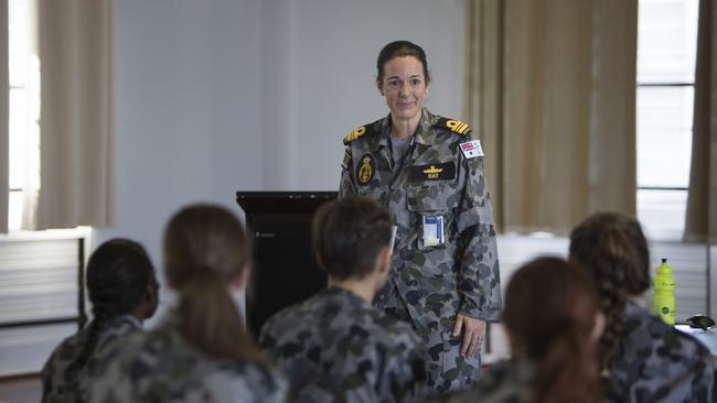 Executive Officer HMAS Coonawarra, Lieutenant Commander Phillipa Hay, RAN, talks about her personal experience as a female in the Royal Australian Navy to a group of young Territorian women, who are looking into a career within the Australian Defence Force through the Defence Work Experience Program.