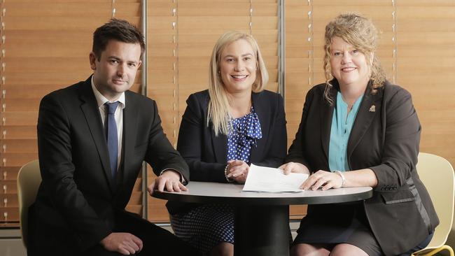 Hobart Lord Mayor Anna Reynolds (right) says a ratepayer referendum is needed before an amalgamation with Glenorchy City Council. Pictured with Dean Winters of Kingborough and Kristie Johnston of Glenorchy. Picture: MATHEW FARRELL