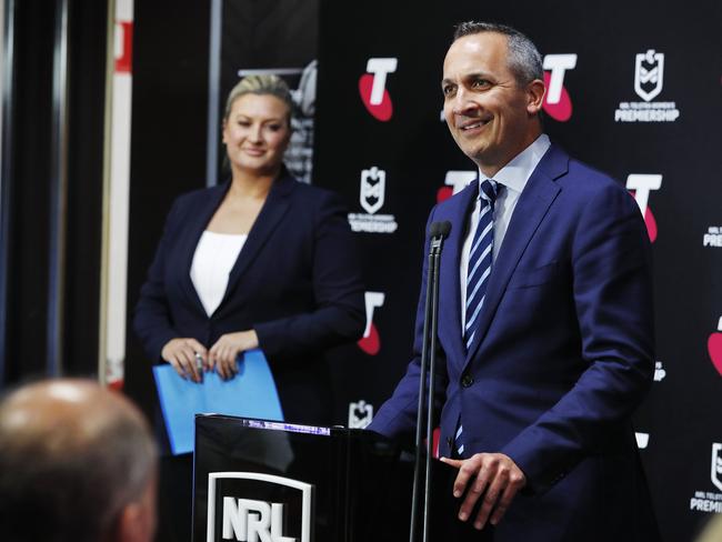 WEEKEND TELEHGRAPH - 11/6/21NRLW launch season 2021 at NRL HQ in Moore Park today. Andrew Abdo speaks to the audience. Picture: Sam Ruttyn