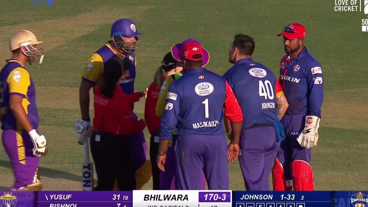 Mitchell Johnson and Yusuf Pathan were forced to be separated after being involved in an on-field altercation in the Legends Cricket League. Photo: Fox Sports