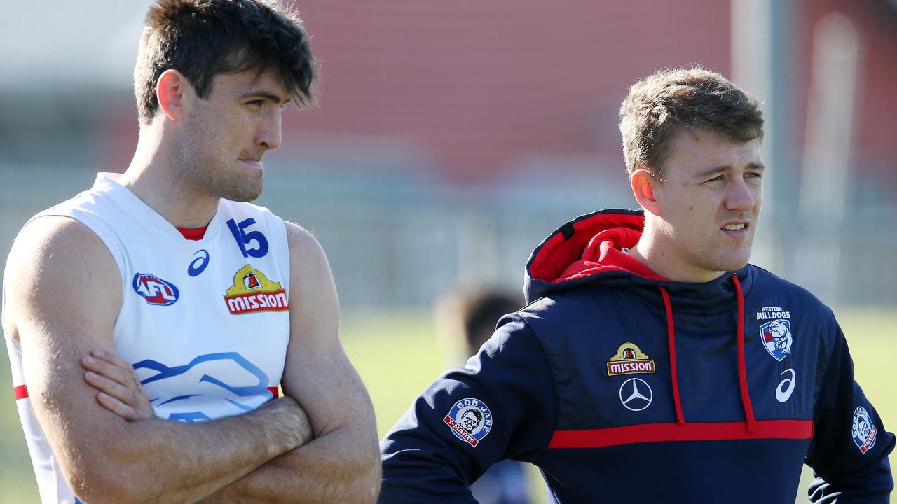 Jack Macrae, left, with Tom Campbell at Western Bulldogs training. Picture: Michael Klein