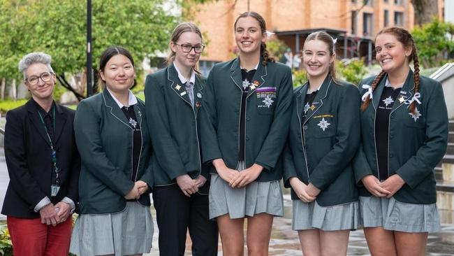 MLC 2024 leadership team: Dr Jennifer Bailey-Smith, Head of Senior School; Lily Wang, Student Council Representative Prefect; Ella Gill, Deputy Senior Prefect; Amelia Blake, Senior Prefect; Bianca McMurtie, Deputy Senior Prefect; Esther Keen, Head of Houses Prefect.