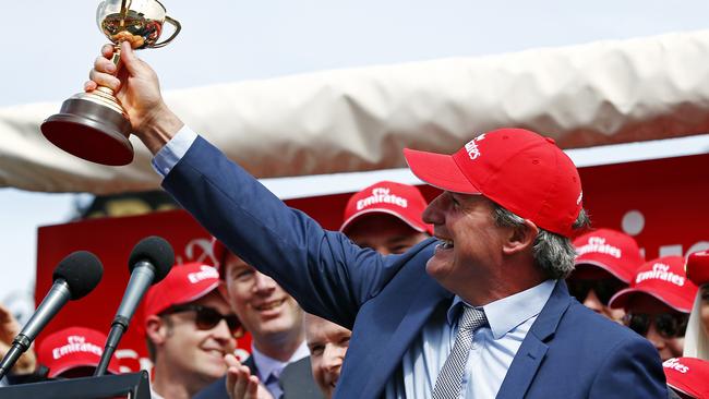 Darren Weir celebrates his Melbourne Cup win in 2015. Picture: Colleen Petch