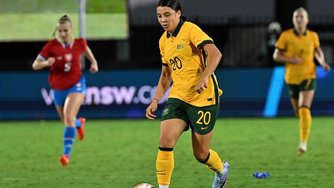 Almost all Australian women soccer players have been forced to wear men’s kit. (Sam Kerr pictured). Picture: Saeed KHAN/AFP