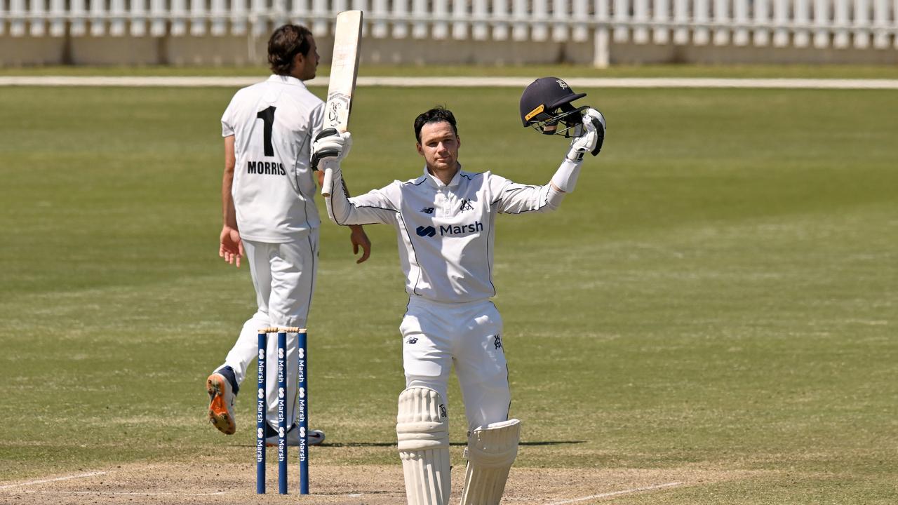 MELBOURNE, AUSTRALIA - OCTOBER 20: Peter Handscomb of Victoria celebrates scoring a double century during the Sheffield Shield match between Victoria and Western Australia at CitiPower Centre, on October 20, 2022, in Melbourne, Australia. (Photo by Morgan Hancock/Getty Images) (Photo by Morgan Hancock/Getty Images)