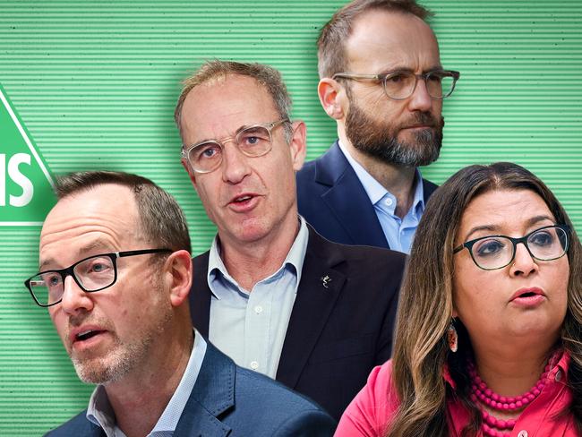 17 July 2024; Photo comp of David Shoebridge, Nick McKim, Mehreen Faruqi and Adam Bandt with The Greens logo behind them. Collage by Frank Ling. Ratio 16:9.