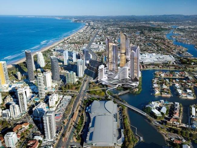 The Star Gold Coast Masterplan Development (viewed from the North) at its island site at Broadbeach containing the two existing towers, plus Tower 1 to start construction in August and four proposed further towers