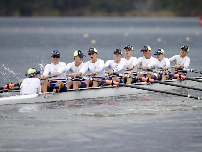 The Southport School pictured during the Schoolboys Year 11 Eight Div 2 at the 97th annual Head of the River GPS Rowing Championships regatta at Wyaralong Dam, Brisbane, 16th of March 2019.  (AAP Image/Josh Woning)