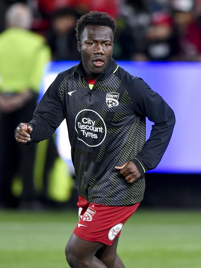 Nestory Irankunda during the first leg of the A-League semi-final between Adelaide United and Central Coast Mariners at Coopers Stadium in May. Picture: Mark Brake/Getty Images