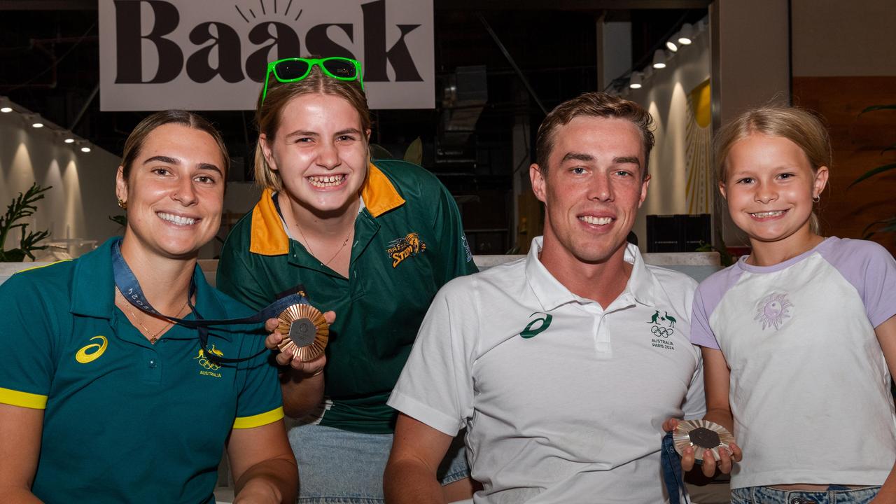 Natalya Diehm, Charli Penrose, Zac Stubblety-Cook and Isla Penrose at the Olympic and Paralympic teams Welcome Home Celebrations at Casuarina shopping centre, Darwin, Oct 2024. Picture: Pema Tamang Pakhrin