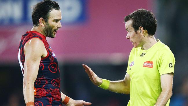 Jordan Lewis talks to the umpire after giving away a free kick. Picture: Getty Images