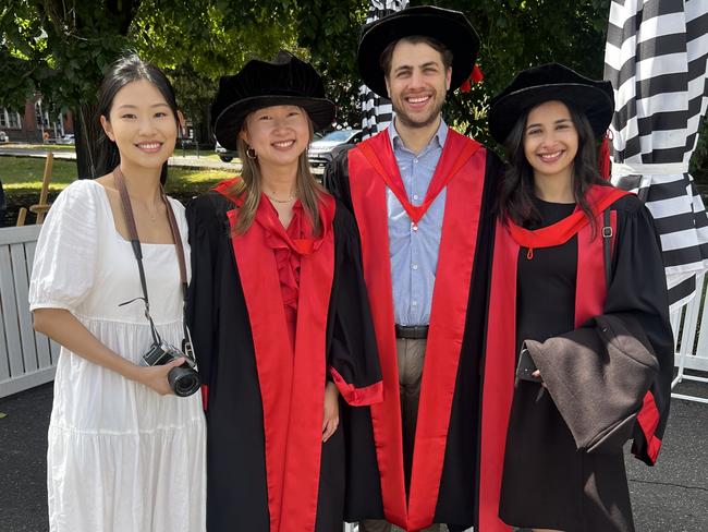 Coco Dong, Dr Susie Wang (PhD in Medical Biology), Dr Benjamin Seager (PhD in Medical Biology) and Dr Ushma Ruparel (PhD in Medical Biology) at the University of Melbourne graduations held at the Royal Exhibition Building on Tuesday, December 17, 2024. Picture: Jack Colantuono