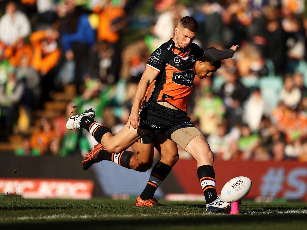 SYDNEY, AUSTRALIA - SEPTEMBER 04: Adam Doueihi of the Tigers kicks off during the round 25 NRL match between the Wests Tigers and the Canberra Raiders at Leichhardt Oval, on September 04, 2022, in Sydney, Australia. (Photo by Mark Kolbe/Getty Images)