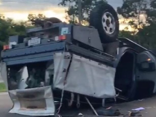 A single-vehicle rollover on the Bruce Hwy near Townsville yesterday. Picture: Facebook