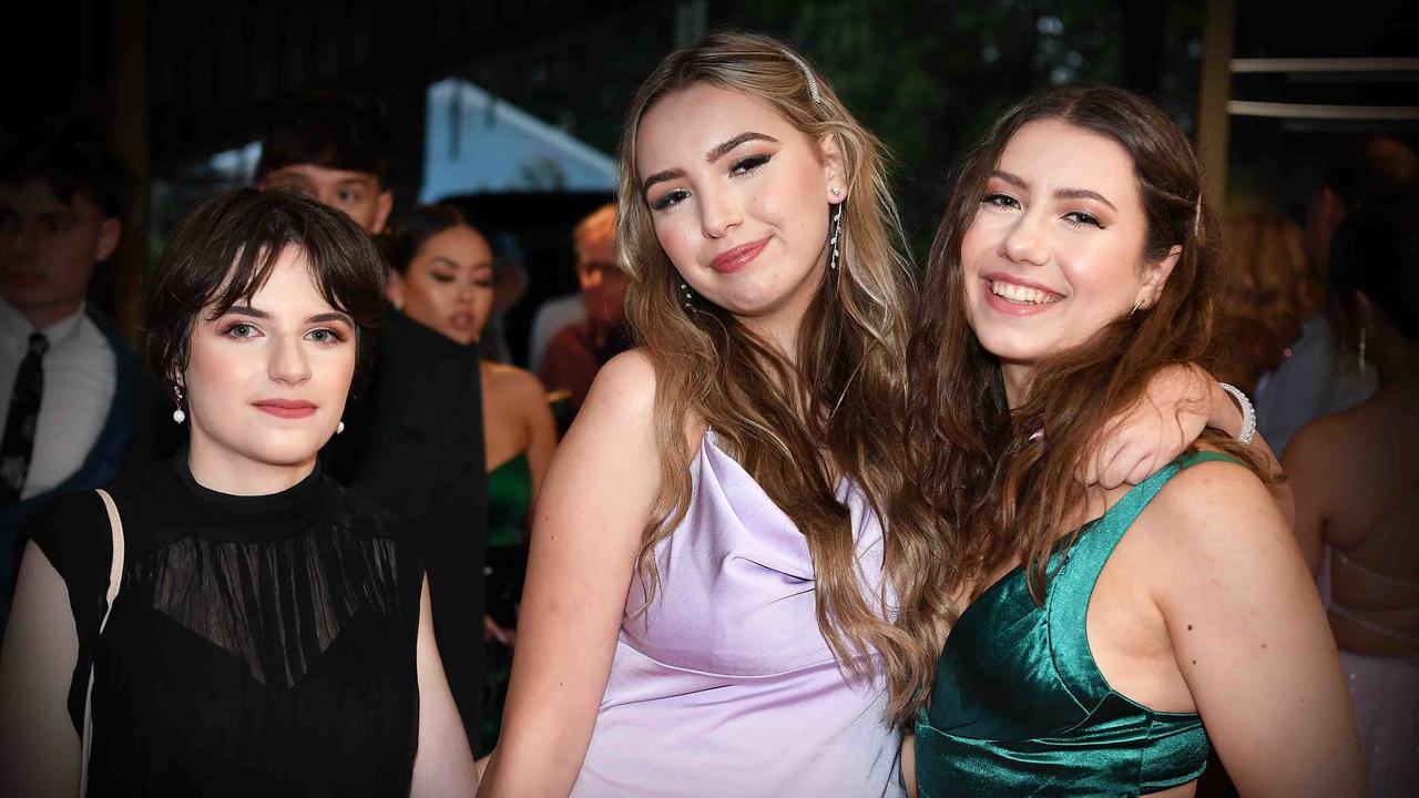 Eleni, Evie and Tamara at Caloundra State High School formal. Picture: Patrick Woods.