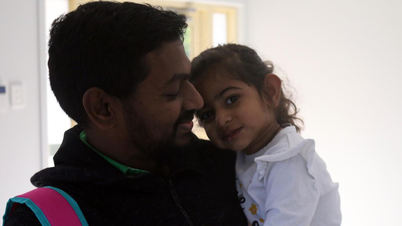 Anisha and her dad Subbarao arriving at the new centre for the first time.