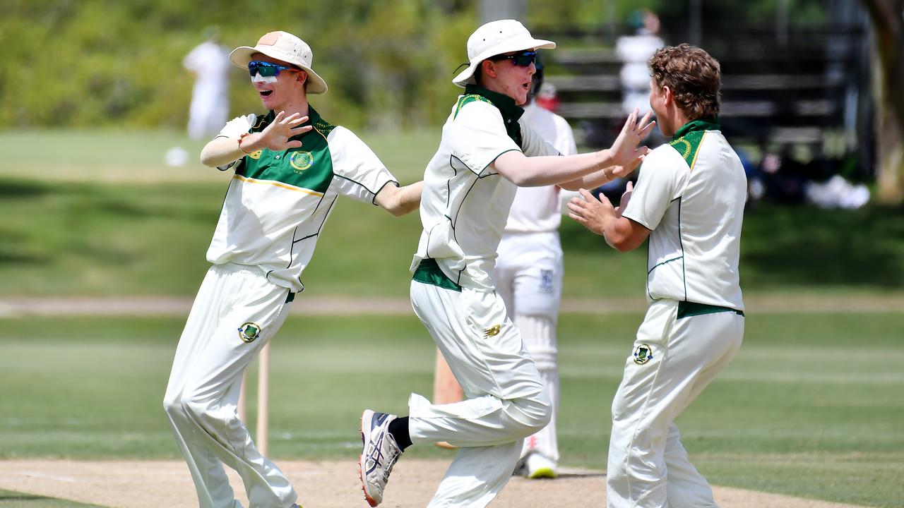 St Patrick's College players celebrate a wicket AIC First XI match between St Patrick's College and Iona College. Saturday February 12, 2022. Picture, John Gass