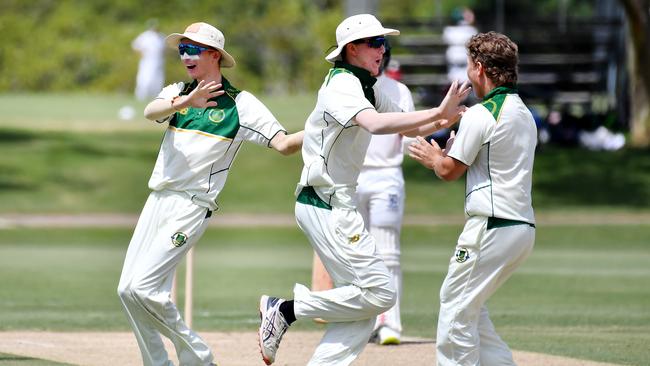 St Patrick's College players celebrate a wicket . Picture, John Gass