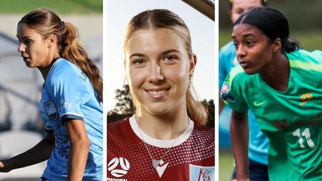 A-League Women's players Indiana Dos Santos Claudia Cicco and Maya Lobo ahead of the 2023/34 season. Picture: Football Australia/Jonathan Ng