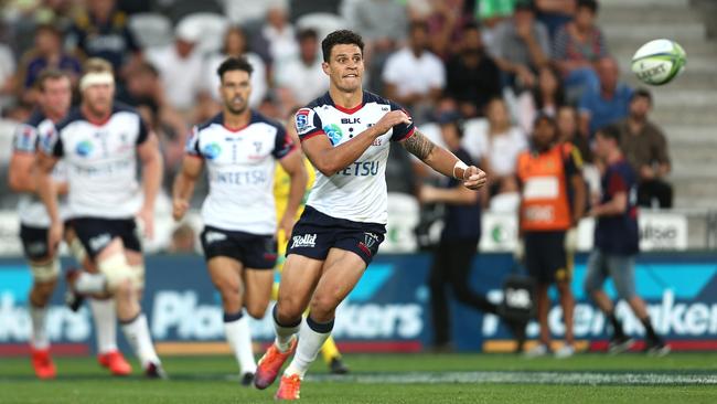 Melbourne five-eighth Matt Toomua spins the ball out during the Rebels’ win over the Highlanders in Dunedin on Friday night. Picture: Getty Images