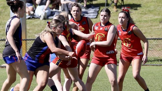 Flinders Park clashes with Hope Valley in the 2023 women's D3 grand final. The Reds will not field a B Grade women's side this year after losing numbers. Picture: Ann Marie O'Connor