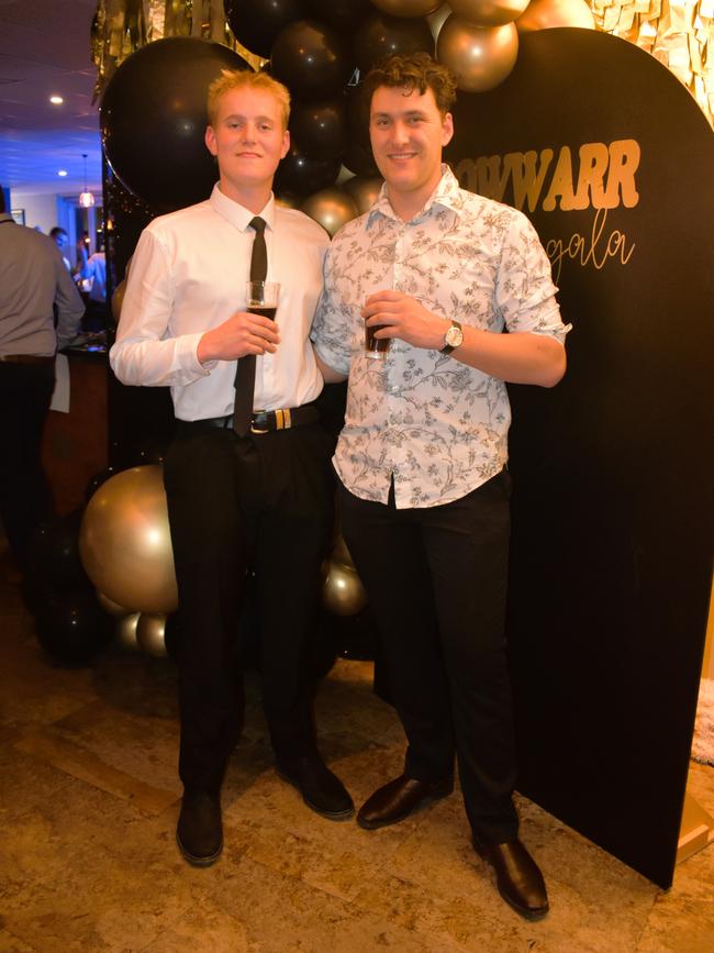 Hamish Zee-Verner and Simon Lea having a great night at the Cowwarr Saints Football &amp; Netball Club Golden Gala Ball 2024. Picture: Jack Colantuono