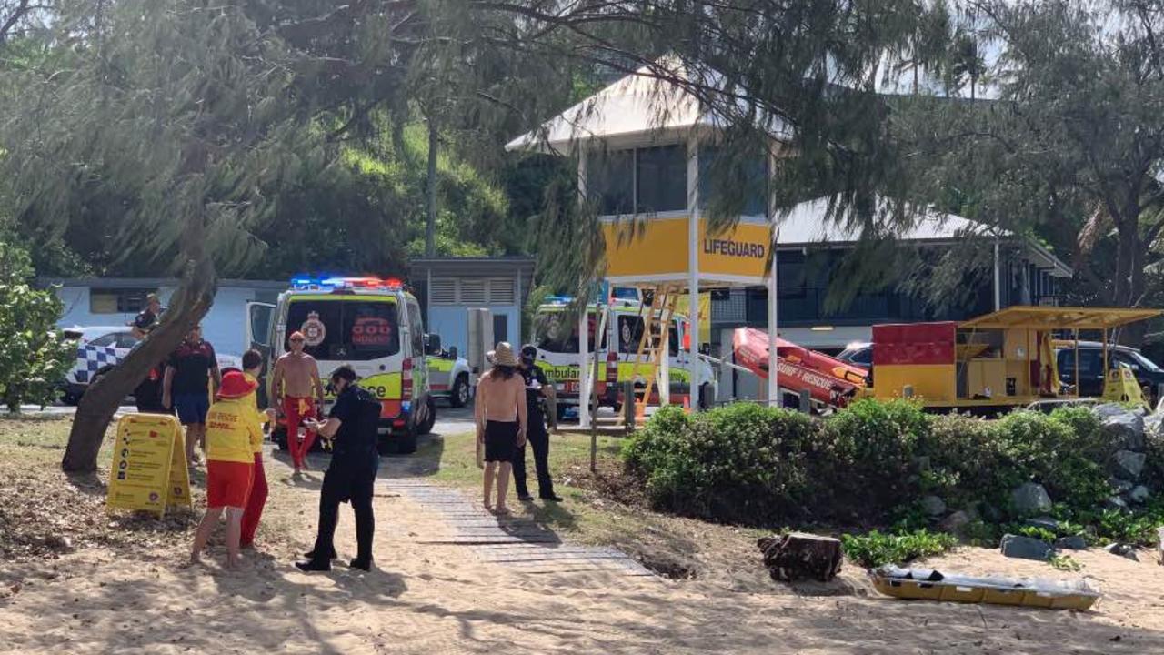 Paramedics and police are tending to a teenager that reportedly suffered a cardiac arrest after a box jellyfish sting at Eimeo Beach, February 26, 2022. Picture: Tara Miko