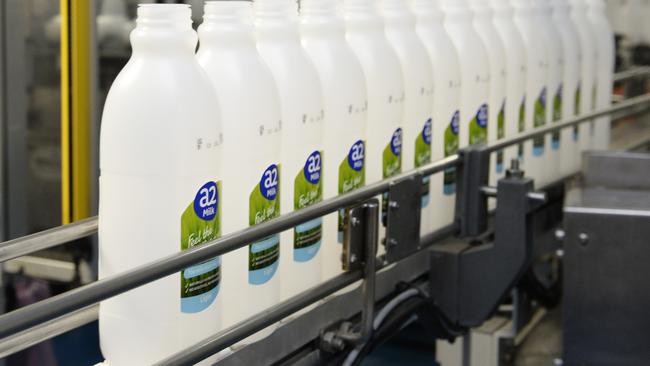 Job security: Bottles of A2 milk on the production line at Kyvalley Dairy Group’s processing facility. Picture: Supplied.