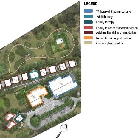 Proposal plans of the facility with various accommodation and therapy buildings.